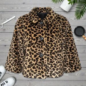 Emma James Faux Fur Leopard Jacket Size 12 Cropped Coat Button Front Lined Retro